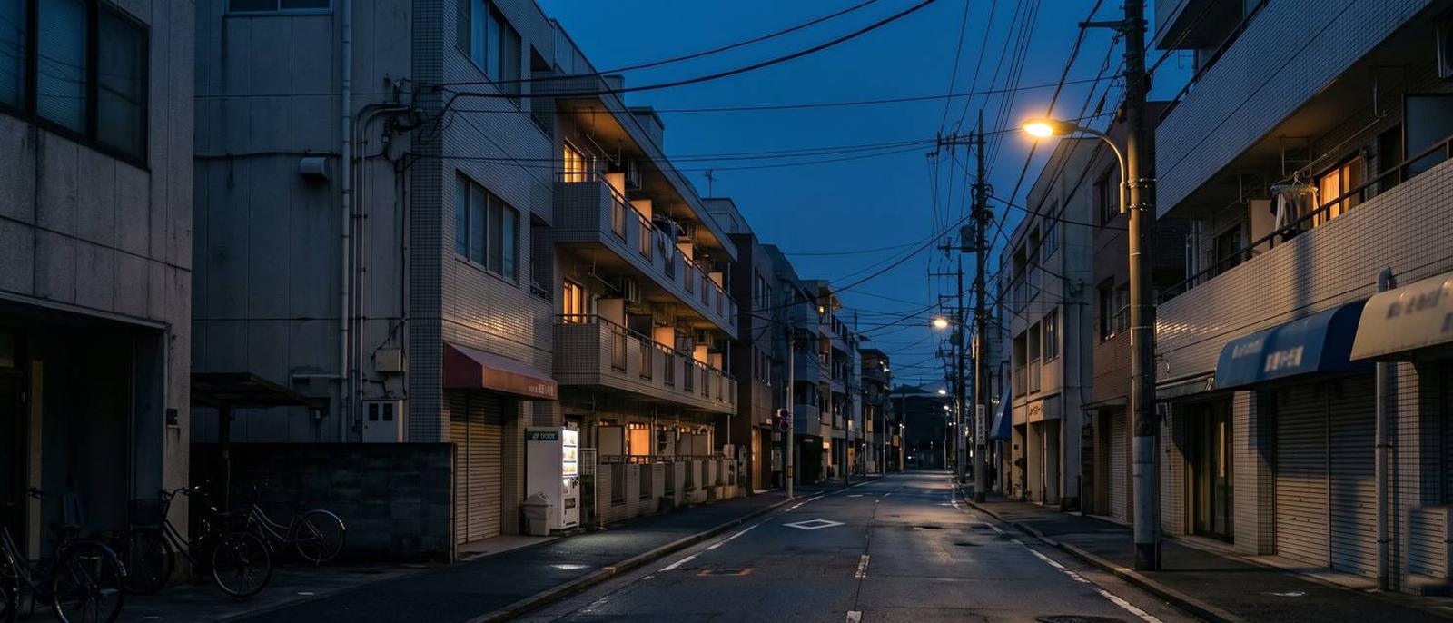 夕暮れの福岡の市街地。事務所や集合住宅の窓に明かりが灯っている